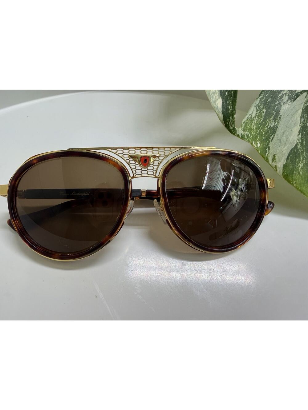 Tonino Lamborghini Vintage Aviator Sunglasses Gold Tortoise Mesh Bridge TL605S03